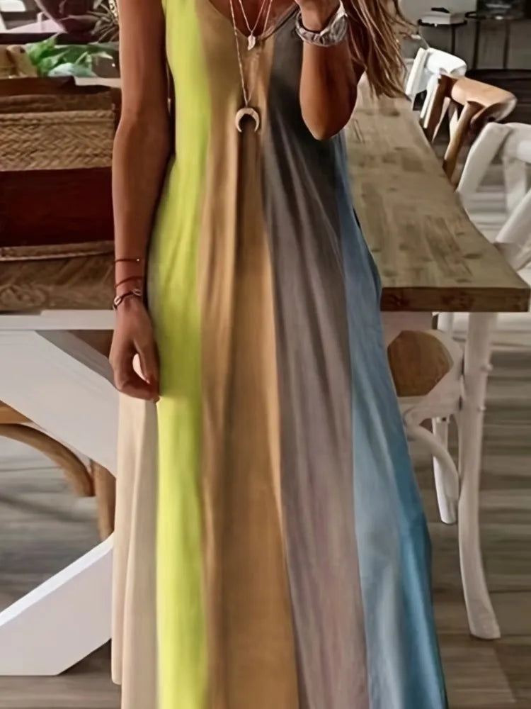 Color Gradient Print Spaghetti Strap Dresses Women Fashion Summer V-neck Beach Vacation Style Long Dress Female A-line Vestidos