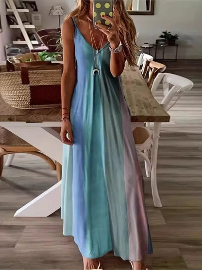 Color Gradient Print Spaghetti Strap Dresses Women Fashion Summer V-neck Beach Vacation Style Long Dress Female A-line Vestidos