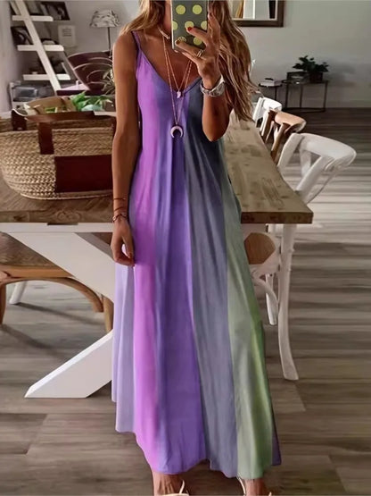 Color Gradient Print Spaghetti Strap Dresses Women Fashion Summer V-neck Beach Vacation Style Long Dress Female A-line Vestidos