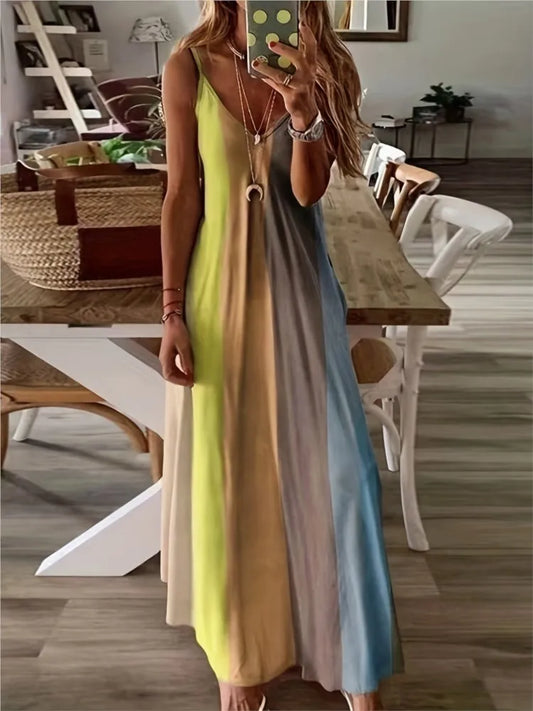 Color Gradient Print Spaghetti Strap Dresses Women Fashion Summer V-neck Beach Vacation Style Long Dress Female A-line Vestidos