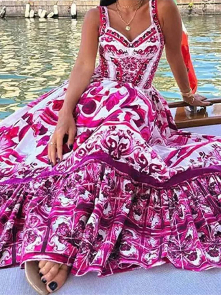 Color Printed Sexy Backless Spaghetti Strap Long Dress Fashion Sleeveless Vacation Beach Dresses For Women Chic Female Vestidos