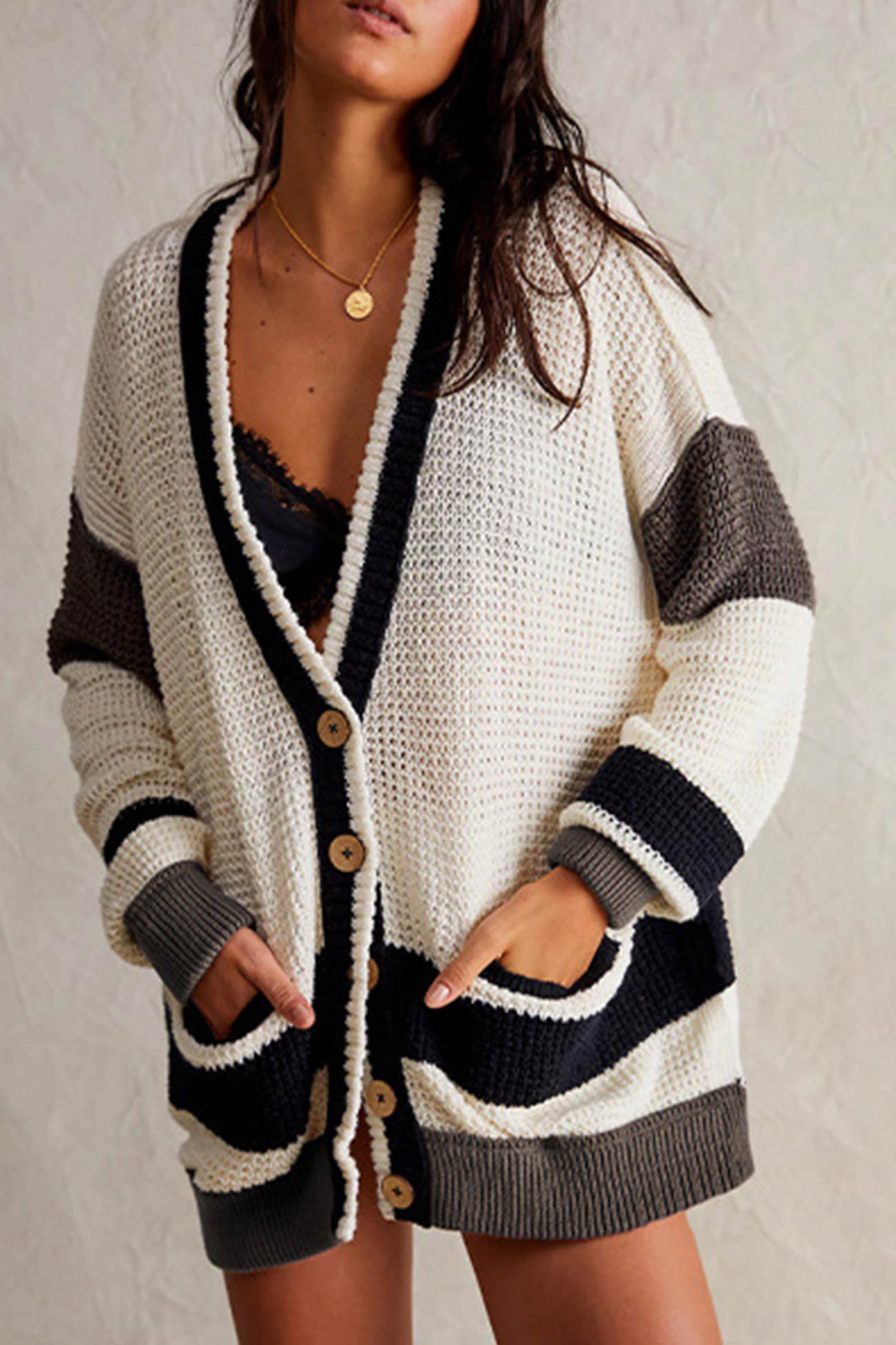 Color Splicing Button-down Cardigan