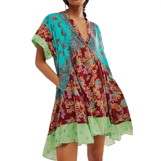 Color Vintage Print Mini Dresses Women Spring Summer New V-neck Short Sleeves Folds Loose Irregular Short Dress Fashion Vestidos