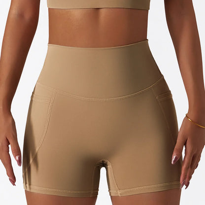 Skin Friendly Summer High Waist Hip Lift Pants Pocket Breathable Running Cycling Sports Short