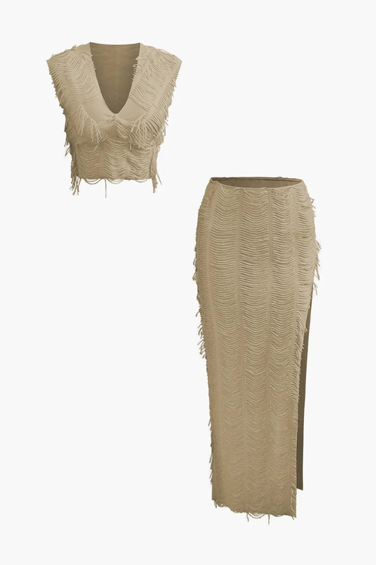 Conica Brown V-neck Cap Sleeve Crop Top And Slit Maxi Skirt Set