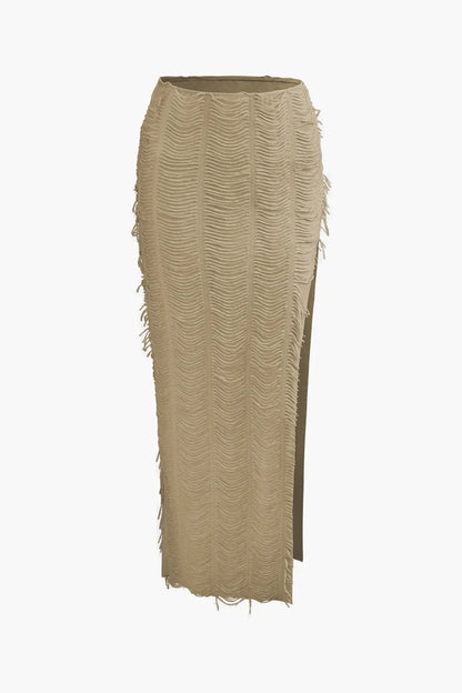 Conica Brown V-neck Cap Sleeve Crop Top And Slit Maxi Skirt Set