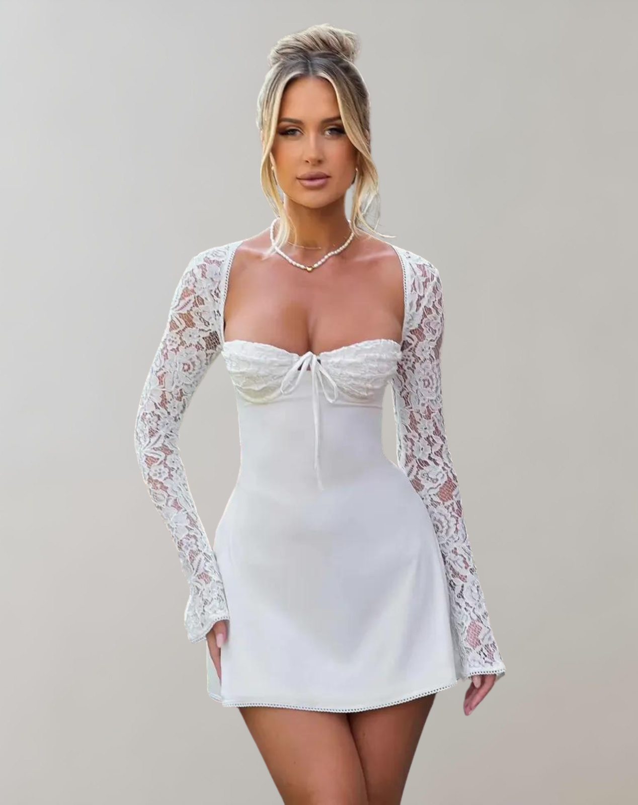 Minivestido informal de mujer con encaje y lazo | Ideal para primavera/verano