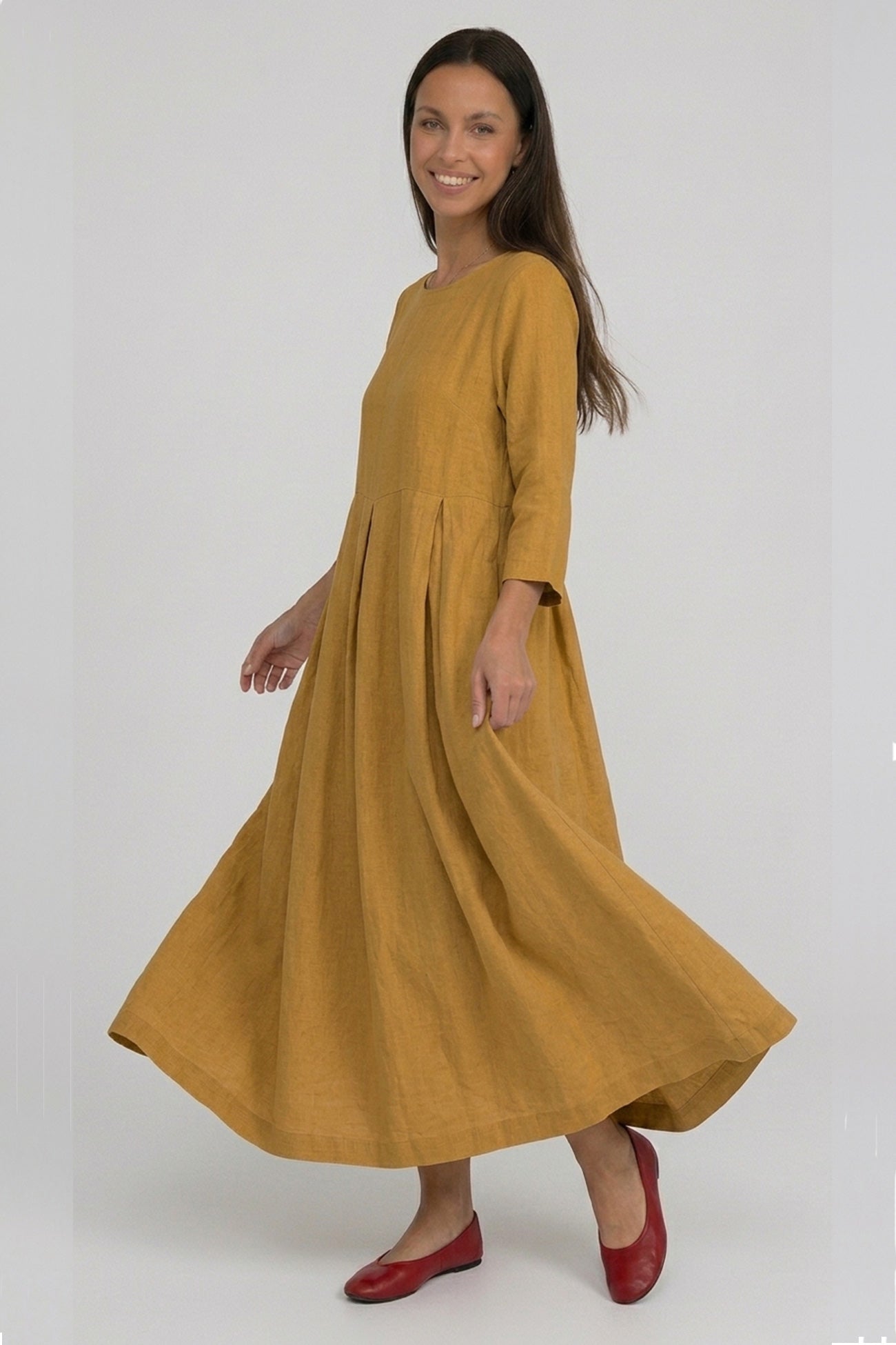 Cotton Linen Long Sleeve Loose Midi Dress