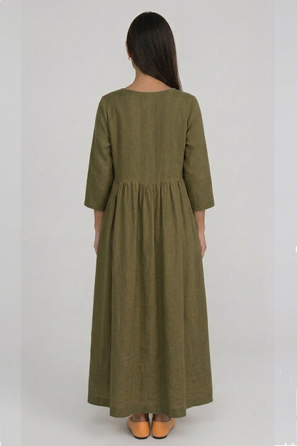 Cotton Linen Long Sleeve Loose Midi Dress