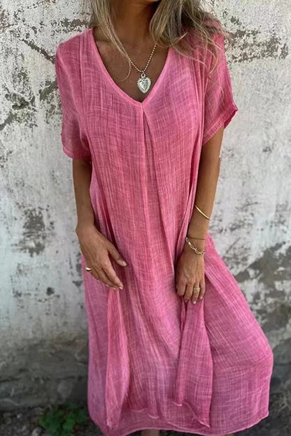 Cotton Solid V Neck Midi Dress