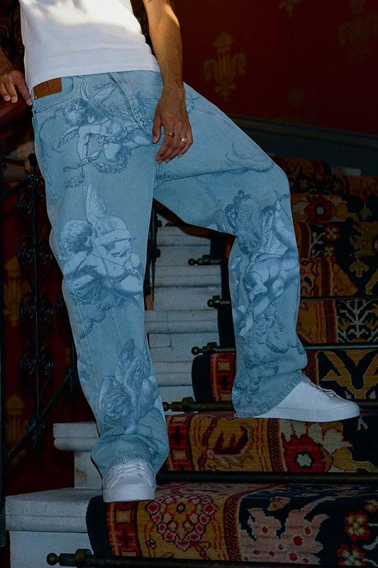 Cupid Print Washed Blue Jeans