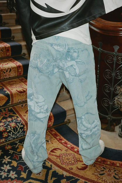 Cupid Print Washed Blue Jeans