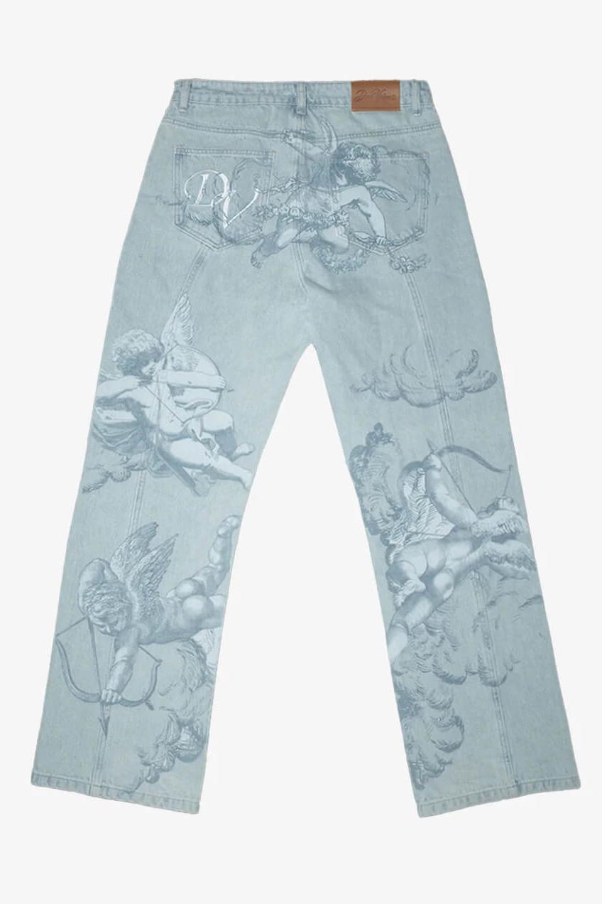 Cupid Print Washed Blue Jeans