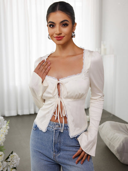 Cut Out Lace Trim Tie Front Top