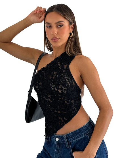 Lace Slant Neck Off Shoulder Irregular Hem Top Sexy See Through Solid Color One Shoulder Sleeveless Crop Backless Top