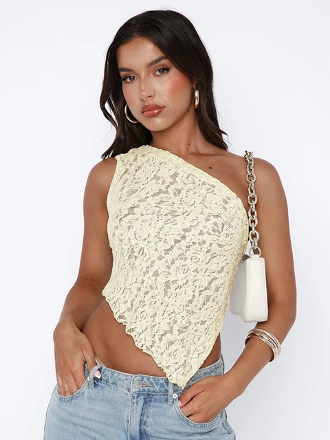 Lace Slant Neck Off Shoulder Irregular Hem Top Sexy See Through Solid Color One Shoulder Sleeveless Crop Backless Top