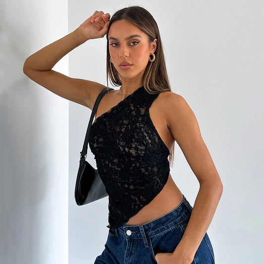 Lace Slant Neck Off Shoulder Irregular Hem Top Sexy See Through Solid Color One Shoulder Sleeveless Crop Backless Top