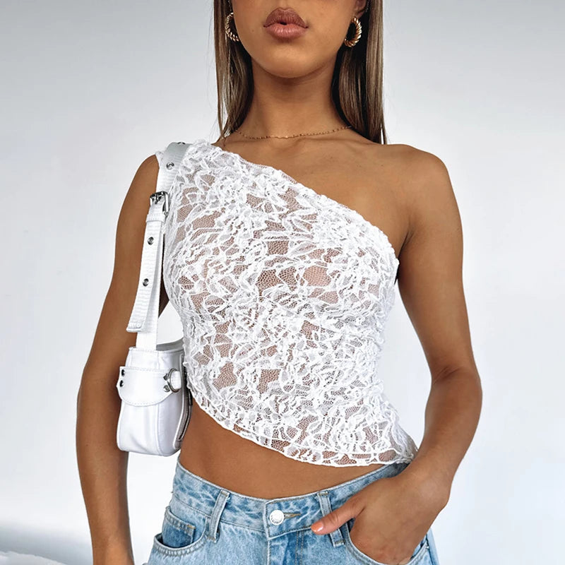 Lace Slant Neck Off Shoulder Irregular Hem Top Sexy See Through Solid Color One Shoulder Sleeveless Crop Backless Top