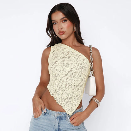 Lace Slant Neck Off Shoulder Irregular Hem Top Sexy See Through Solid Color One Shoulder Sleeveless Crop Backless Top