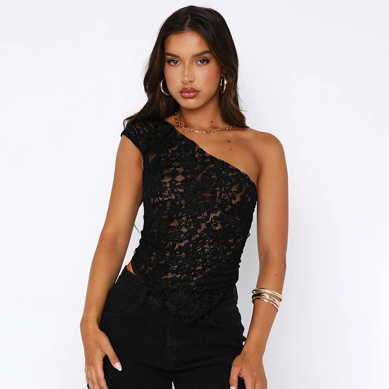 Lace Slant Neck Off Shoulder Irregular Hem Top Sexy See Through Solid Color One Shoulder Sleeveless Crop Backless Top