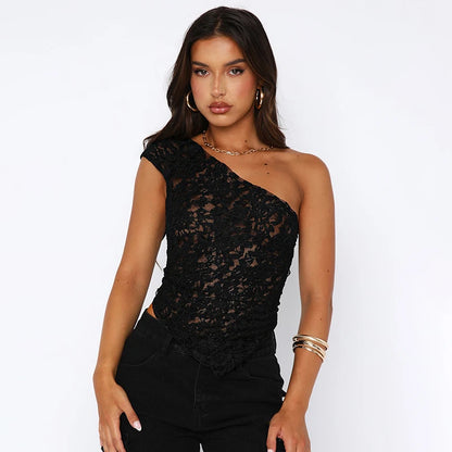 Lace Slant Neck Off Shoulder Irregular Hem Top Sexy See Through Solid Color One Shoulder Sleeveless Crop Backless Top