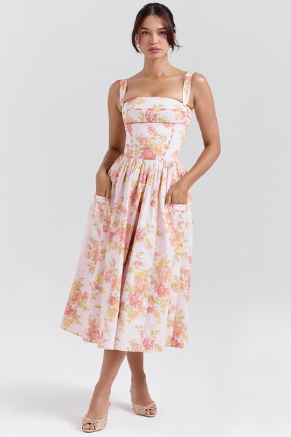 Cybèle Peach Poppy Print Midi Dress