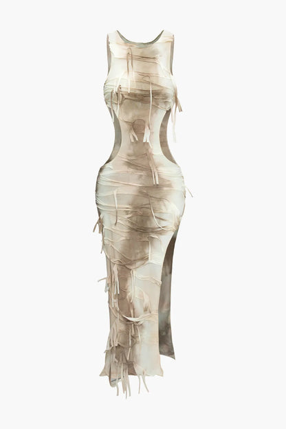 Cynthia Beige and Brown Tie Dye Distressed Cut Out Slit Maxi Dress