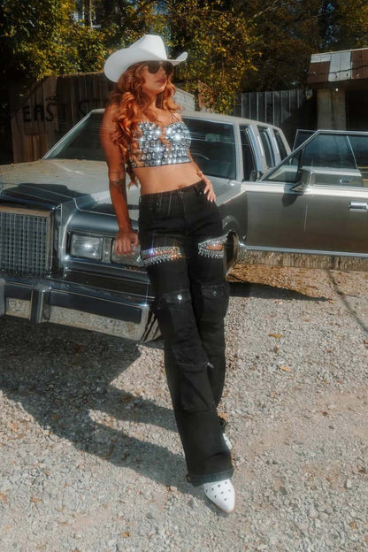 Vaqueros cargo con recortes de diamantes de imitación