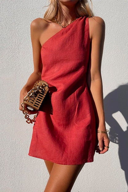 One Shoulder Sleeveless Cotton Linen Mini Dress