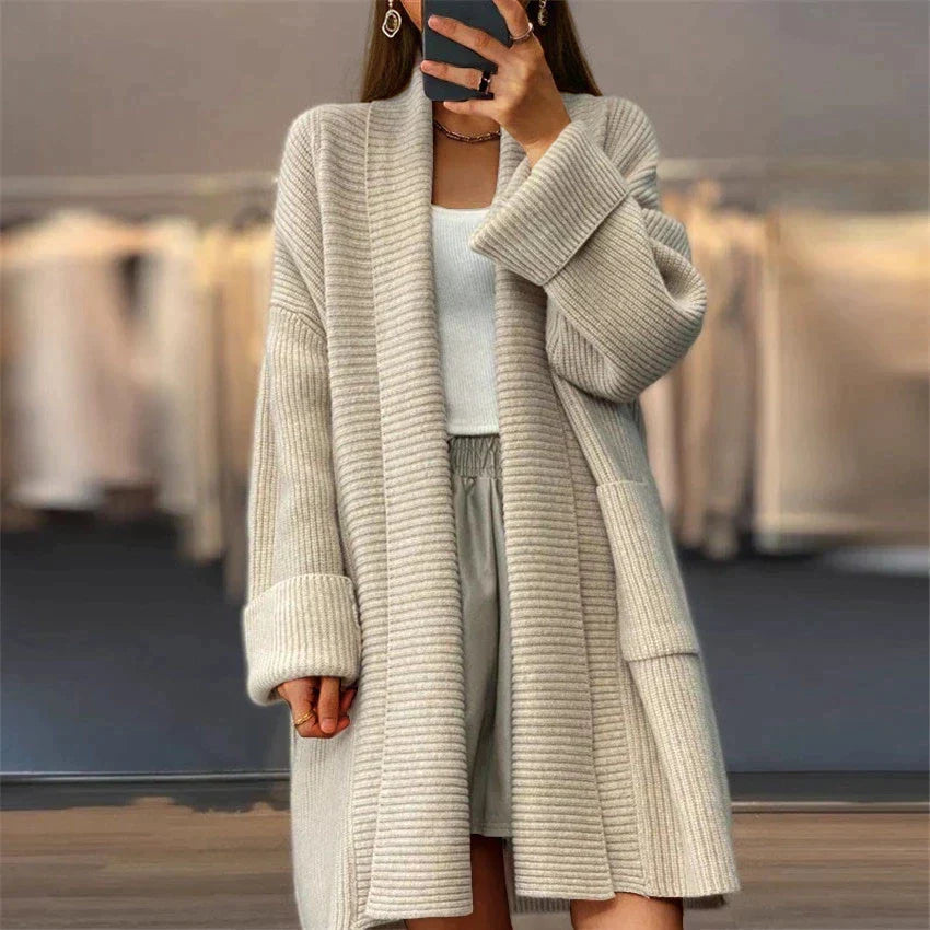 Cárdigan largo extragrande liso con canalé para mujer | Ideal para otoño/invierno