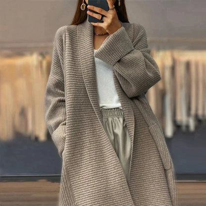 Cárdigan largo extragrande liso con canalé para mujer | Ideal para otoño/invierno