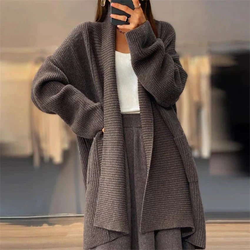 Cárdigan largo extragrande liso con canalé para mujer | Ideal para otoño/invierno