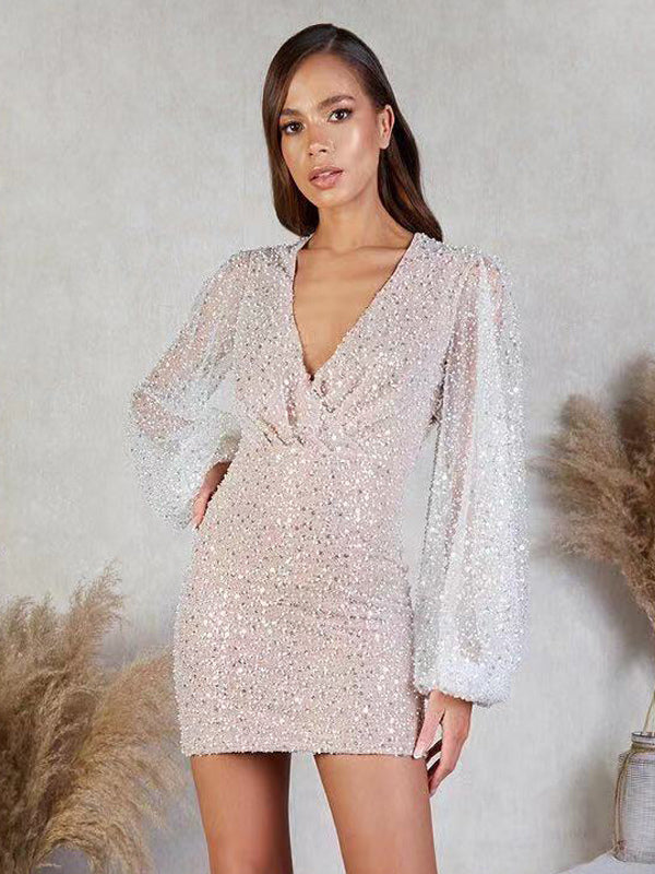 Sequins Dress Plunge Long Sleeves Sexy Birthday Party Bodycon Mini Dresses