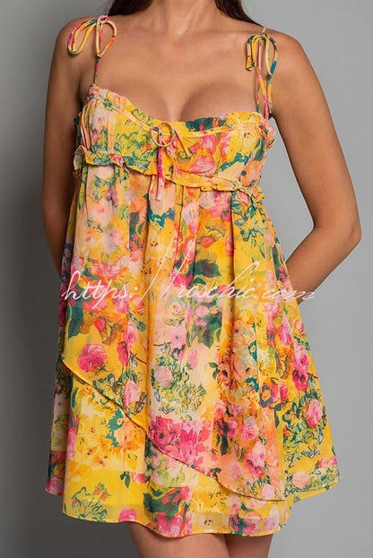 Floral Print Sling Lace Up Ruffled Mini Dress
