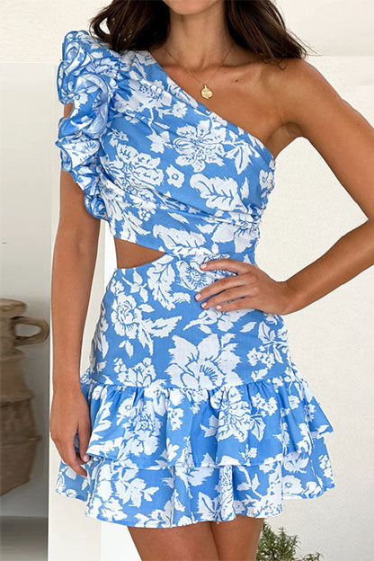One Shoulder Cut Out Floral Print Ruffle Mini Dress
