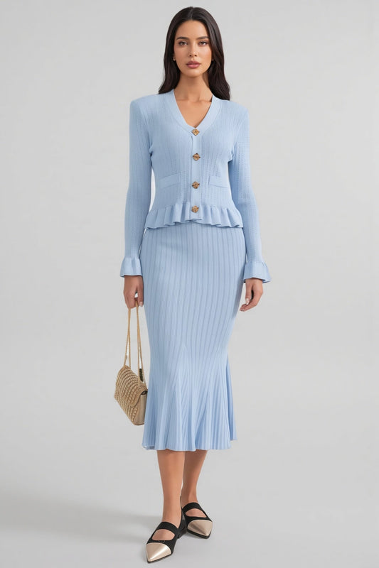 Yuri Blue Long Sleeve Fishtail Midi Dress Set