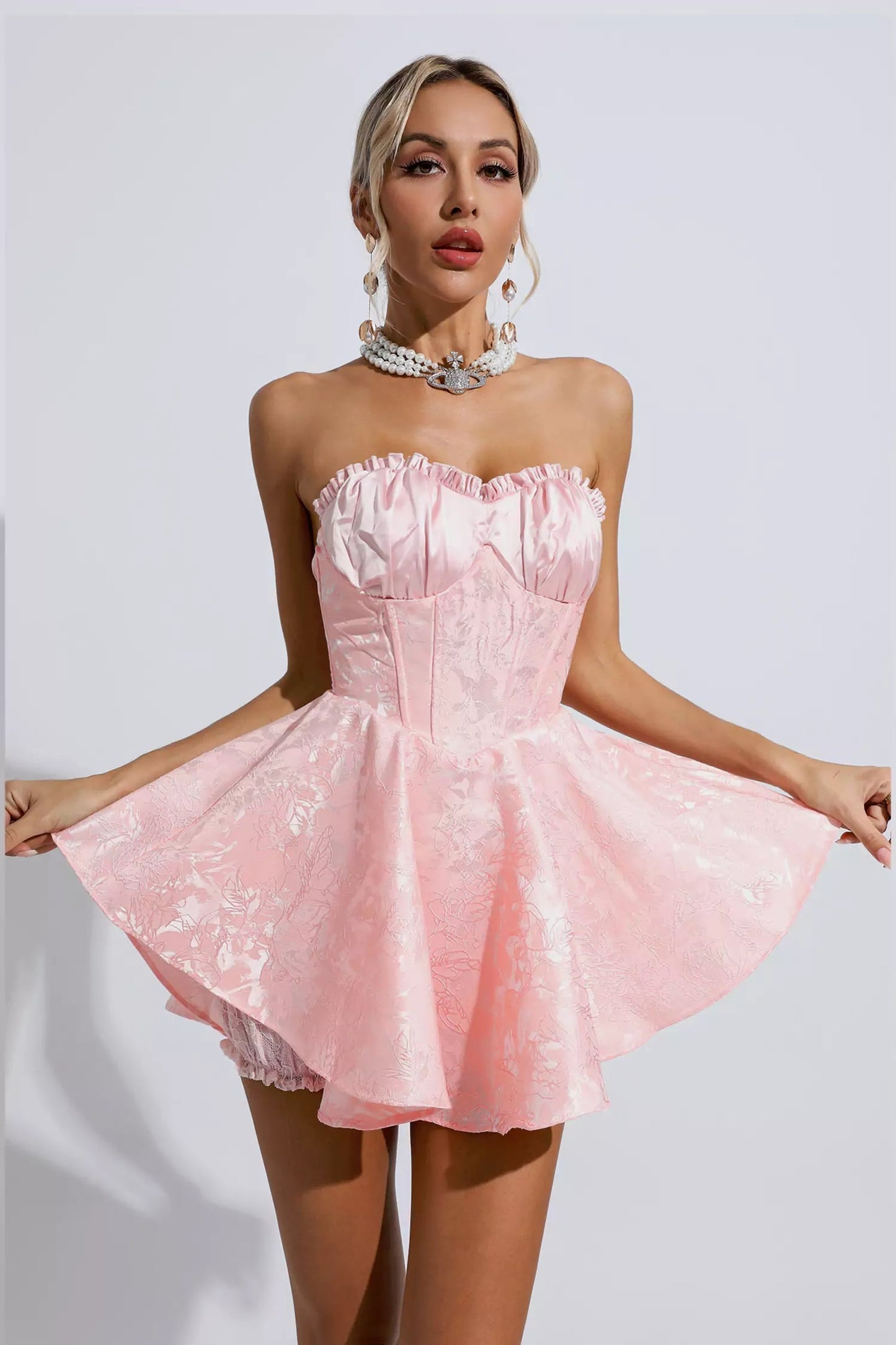 Daleyza Lace Jacquard Bandeau Dress-Pink
