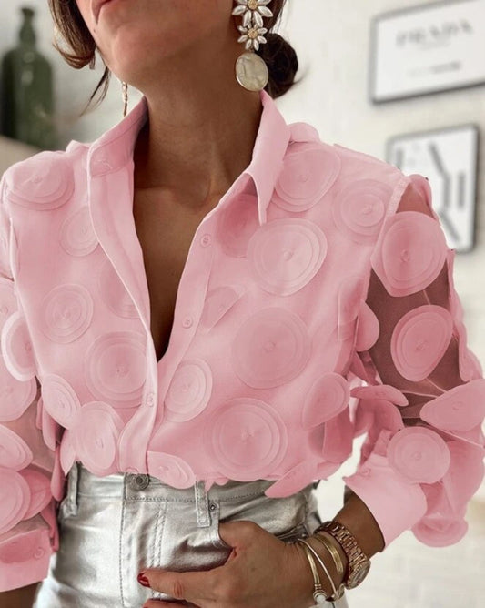 Blusa elegante de manga larga con botones delanteros y estampado de pétalos 3D para mujer | Ideal para primavera/verano