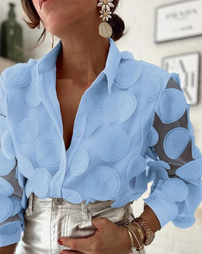 Blusa elegante de manga larga con botones delanteros y estampado de pétalos 3D para mujer | Ideal para primavera/verano