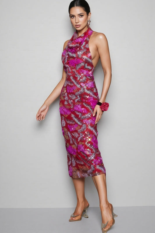 Theron Halterneck Sequin Midi Dress
