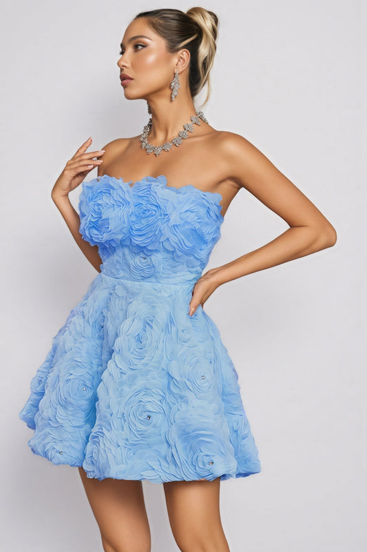 Pam Blue Strapless Flower Rhinestone Mini Dress