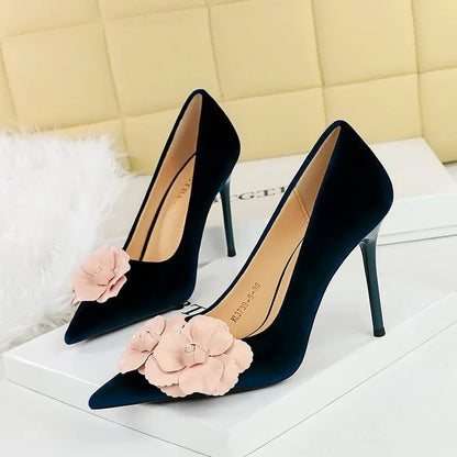 Designer Flower Pointed Toe Elegant Party Flannel Autumn High Heel
