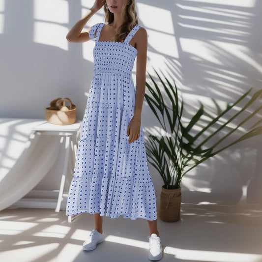 2025 Dot Square Neck Pleated Long Holiday Beach Casual Boho Dress