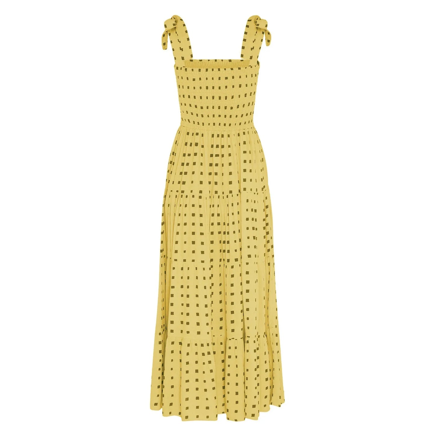 2025 Dot Square Neck Pleated Long Holiday Beach Casual Boho Dress