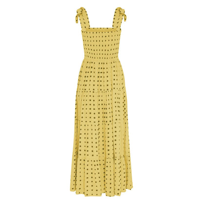 2025 Dot Square Neck Pleated Long Holiday Beach Casual Boho Dress
