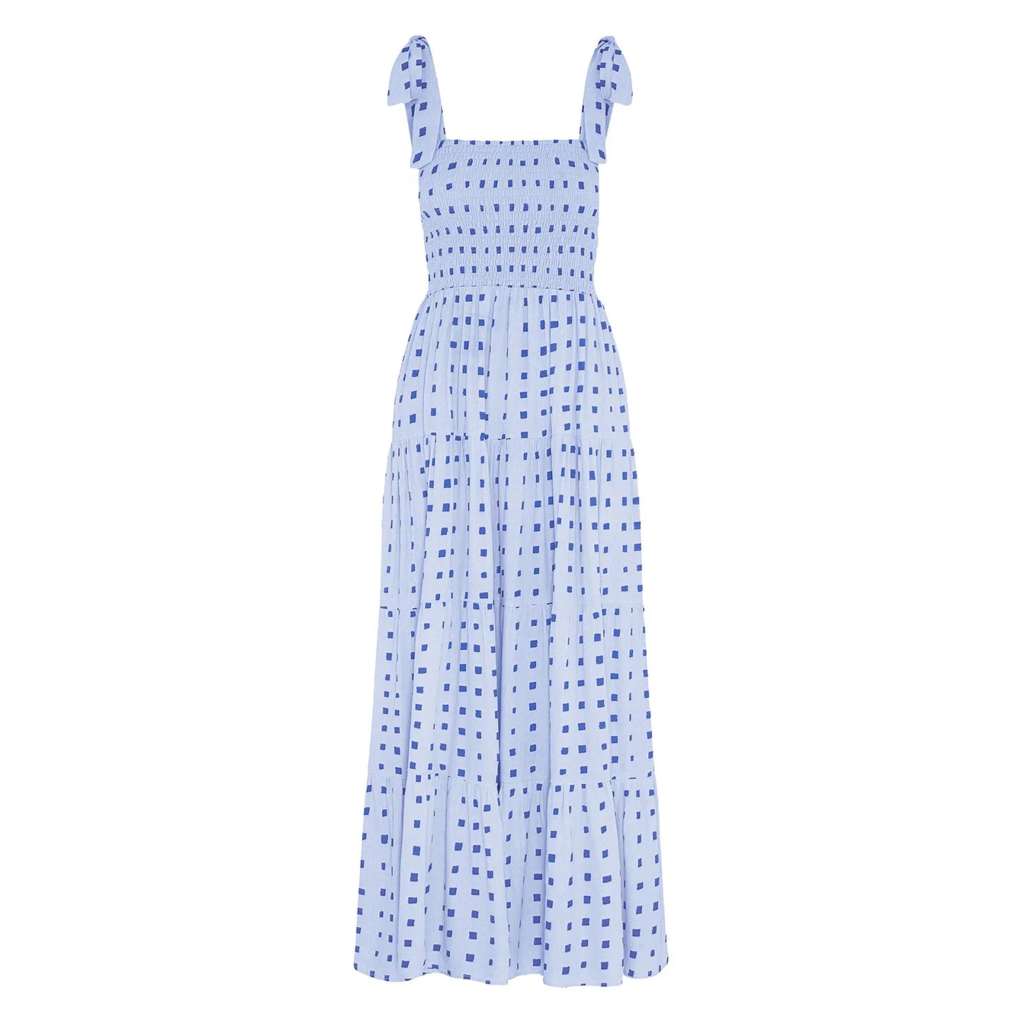 2025 Dot Square Neck Pleated Long Holiday Beach Casual Boho Dress