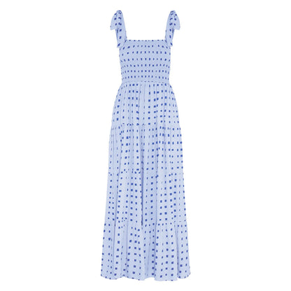 2025 Dot Square Neck Pleated Long Holiday Beach Casual Boho Dress