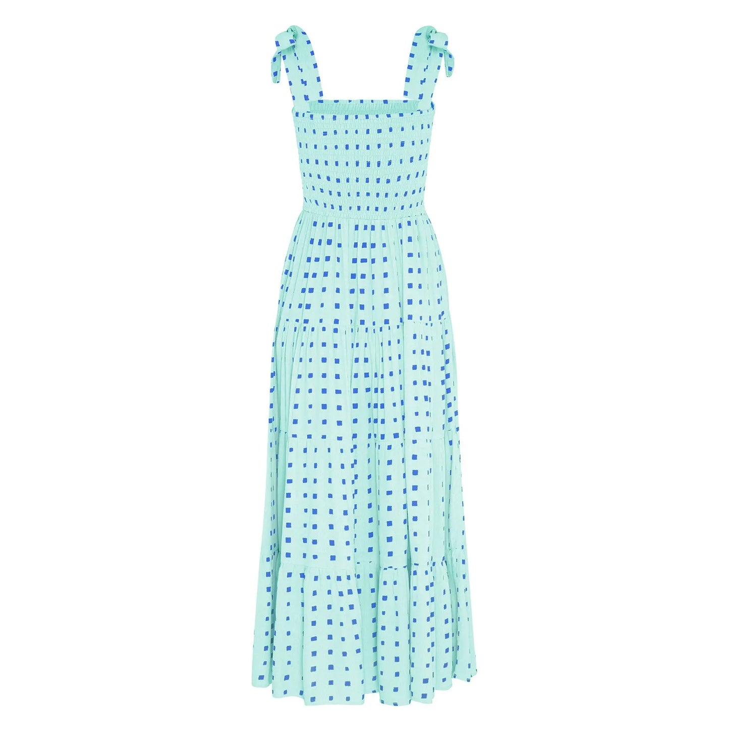 2025 Dot Square Neck Pleated Long Holiday Beach Casual Boho Dress