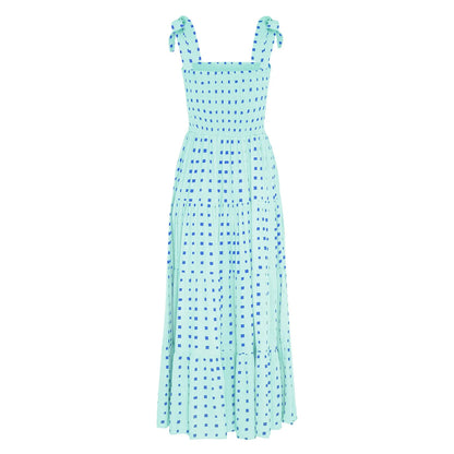 2025 Dot Square Neck Pleated Long Holiday Beach Casual Boho Dress