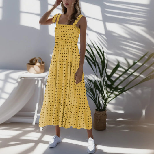 2025 Dot Square Neck Pleated Long Holiday Beach Casual Boho Dress